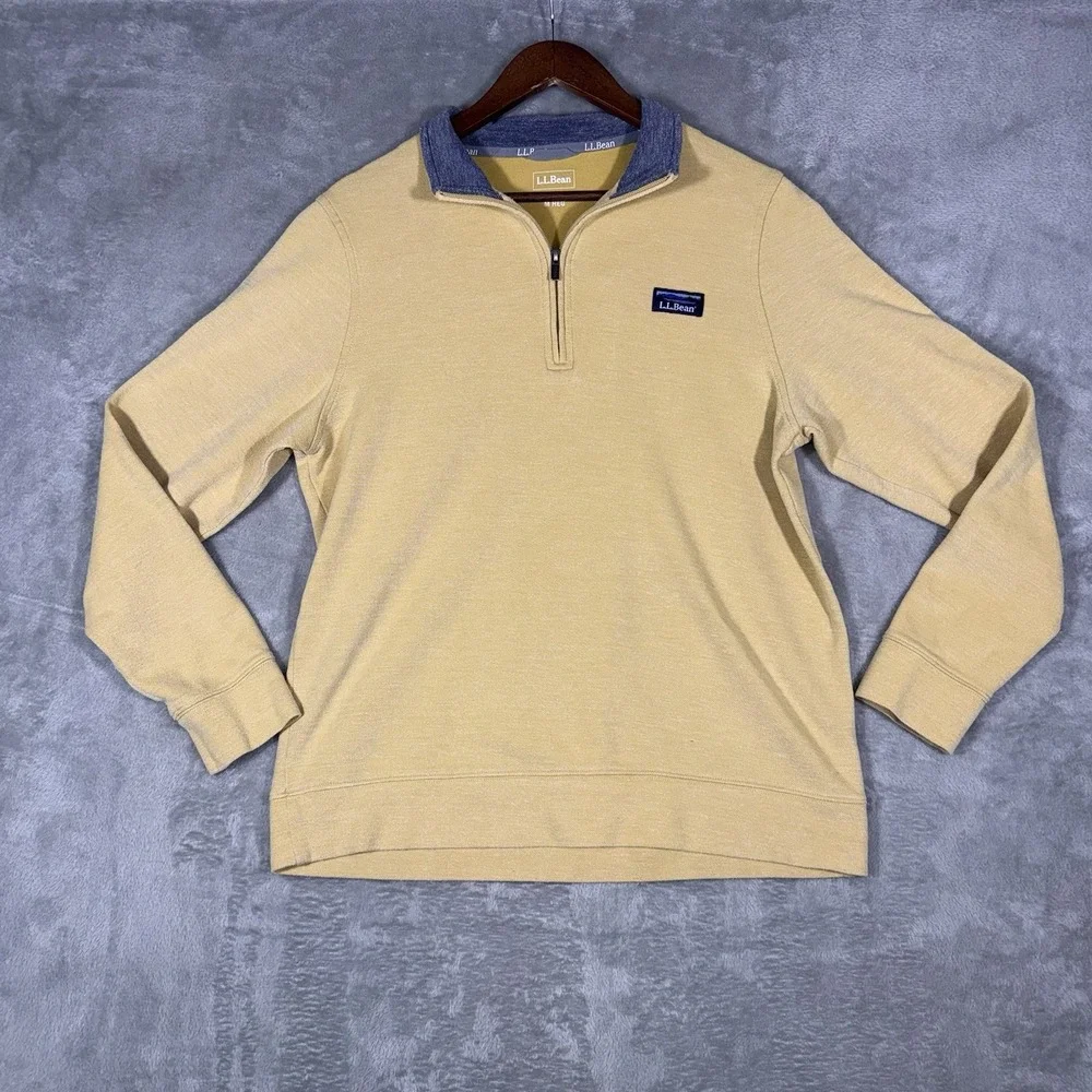 L.L. BEAN Mens 1/4 Zip Pullover High Neck Sweatshirt Yellow Logo Size Medium